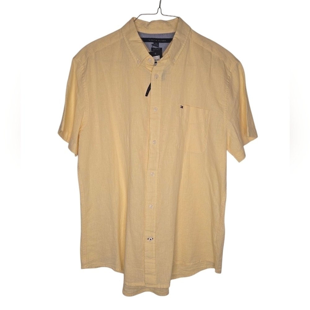 Tommy Hilfiger Linen Blend Yellow Short Sleeve Button-Up Shirt Size XL